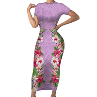 Hawaii Tropical Flowers Family Matching Short Sleeve Bodycon Dress and Hawaiian Shirt Lavender Polynesian Tattoo Art LT05 Mom's Dress Lavender - Polynesian Pride