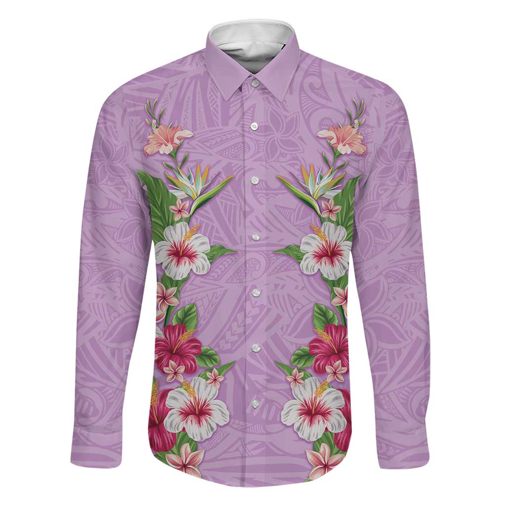 Hawaii Tropical Flowers Family Matching Summer Maxi Dress and Hawaiian Shirt Lavender Polynesian Tattoo Art LT05 Dad's Shirt - Long Sleeve Lavender - Polynesian Pride