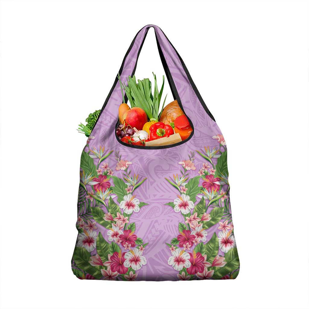 Hawaii Tropical Flowers Grocery Bag Lavender Polynesian Tattoo Art