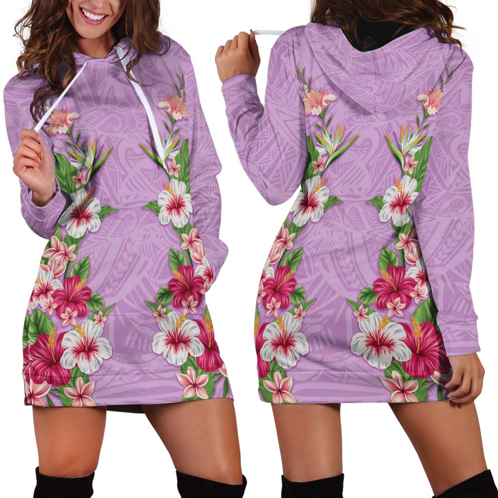 Hawaii Tropical Flowers Hoodie Dress Lavender Polynesian Tattoo Art