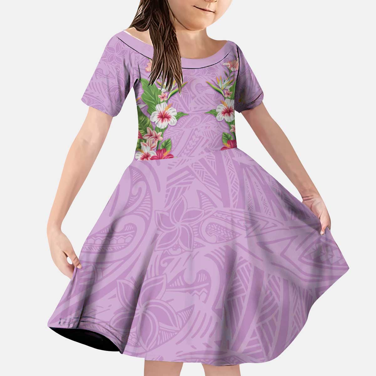 Hawaii Tropical Flowers Kid Short Sleeve Dress Lavender Polynesian Tattoo Art LT05 KID Lavender - Polynesian Pride