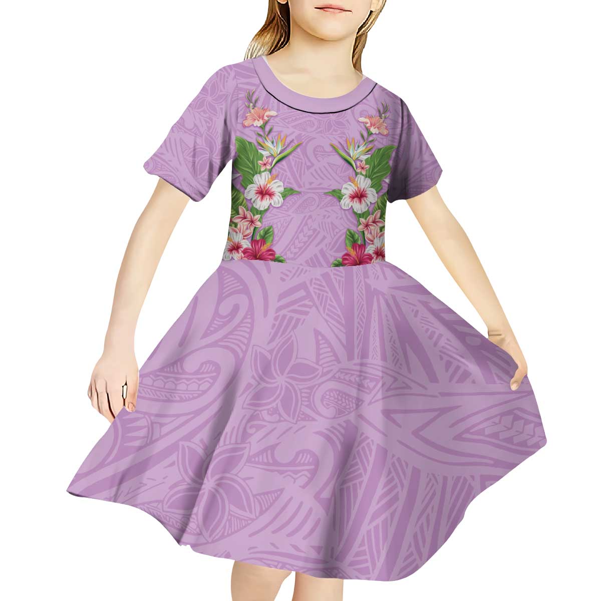 Hawaii Tropical Flowers Kid Short Sleeve Dress Lavender Polynesian Tattoo Art LT05 - Polynesian Pride