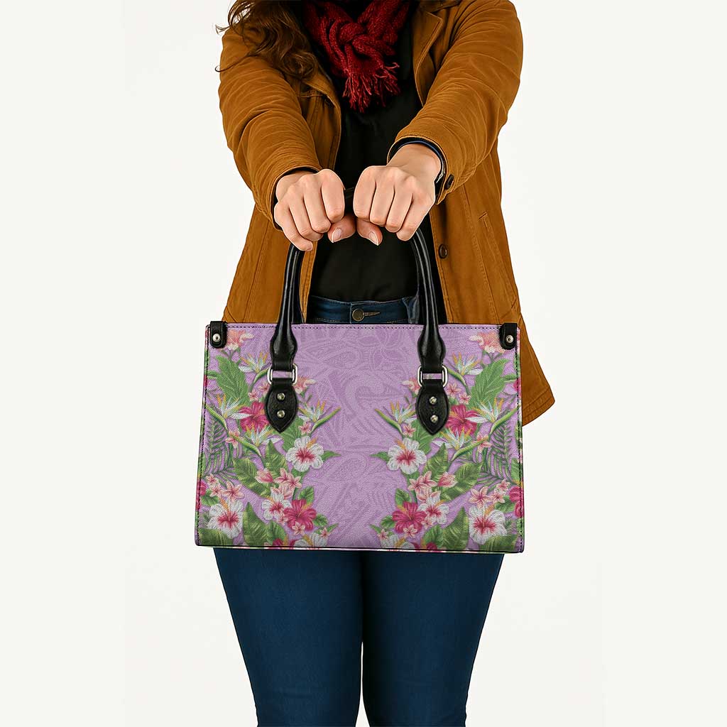 Hawaii Tropical Flowers Leather Bag Lavender Polynesian Tattoo Art