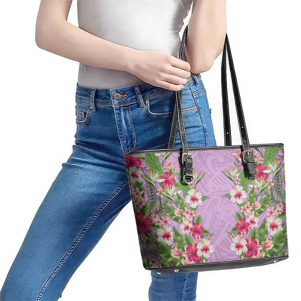 Hawaii Tropical Flowers Leather Tote Bag Lavender Polynesian Tattoo Art