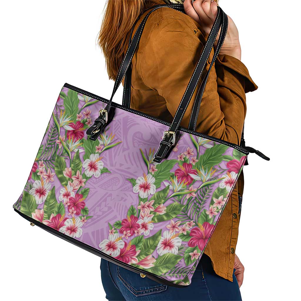 Hawaii Tropical Flowers Leather Tote Bag Lavender Polynesian Tattoo Art