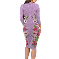 Hawaii Tropical Flowers Long Sleeve Bodycon Dress Lavender Polynesian Tattoo Art