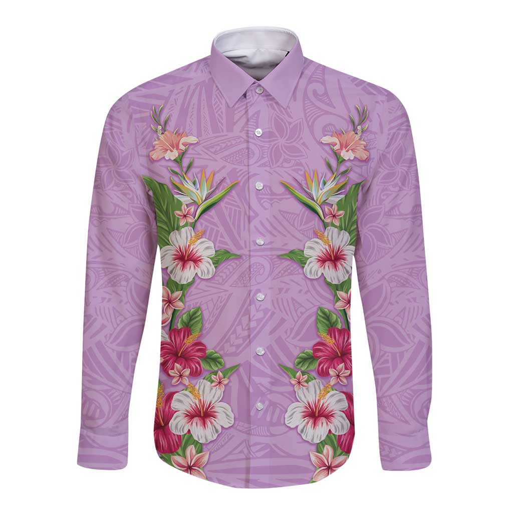 Hawaii Tropical Flowers Long Sleeve Button Shirt Lavender Polynesian Tattoo Art