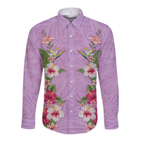 Hawaii Tropical Flowers Long Sleeve Button Shirt Lavender Polynesian Tattoo Art