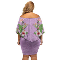 Hawaii Tropical Flowers Off Shoulder Short Dress Lavender Polynesian Tattoo Art