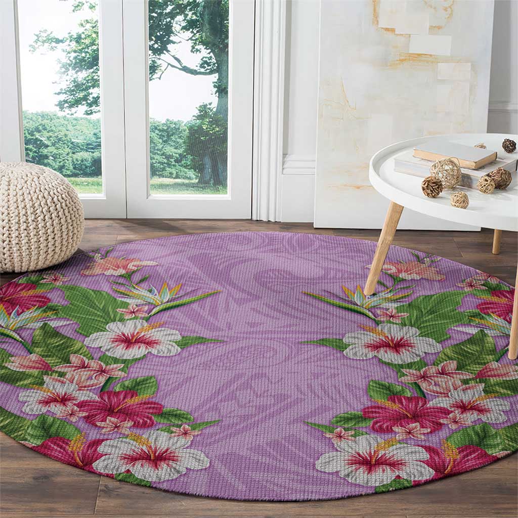 Hawaii Tropical Flowers Round Carpet Lavender Polynesian Tattoo Art
