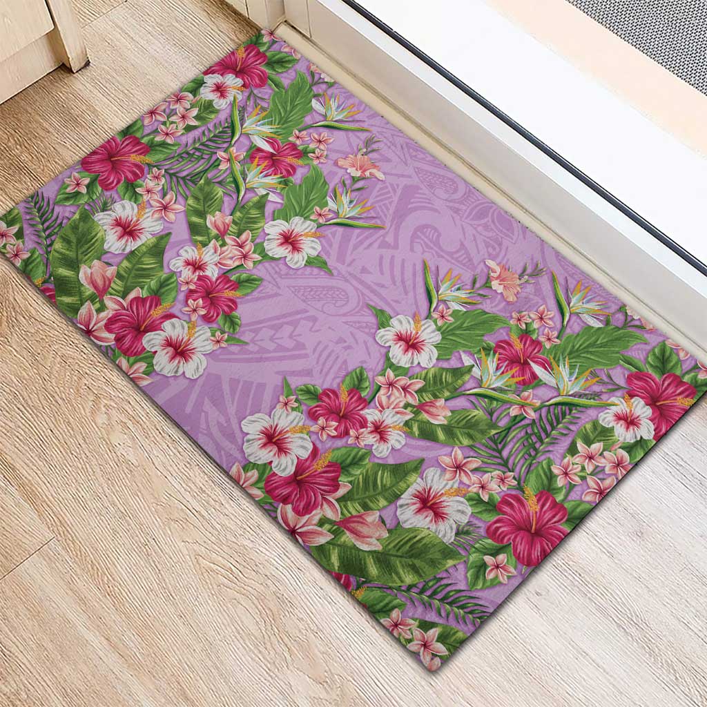 Hawaii Tropical Flowers Rubber Doormat Lavender Polynesian Tattoo Art