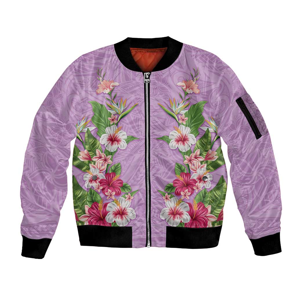 Hawaii Tropical Flowers Sleeve Zip Bomber Jacket Lavender Polynesian Tattoo Art