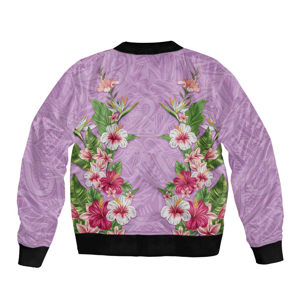 Hawaii Tropical Flowers Sleeve Zip Bomber Jacket Lavender Polynesian Tattoo Art