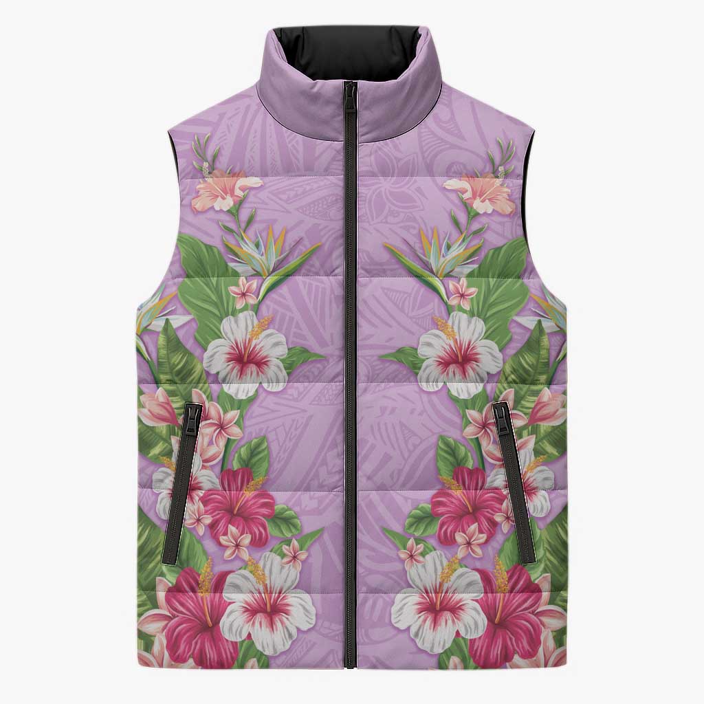 Hawaii Tropical Flowers Sleeveless Puffer Jacket Lavender Polynesian Tattoo Art