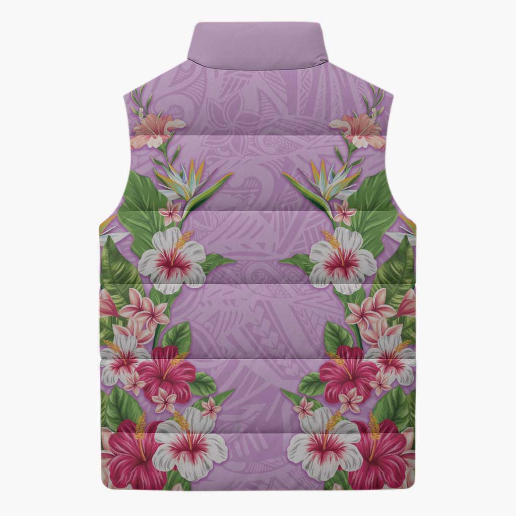 Hawaii Tropical Flowers Sleeveless Puffer Jacket Lavender Polynesian Tattoo Art