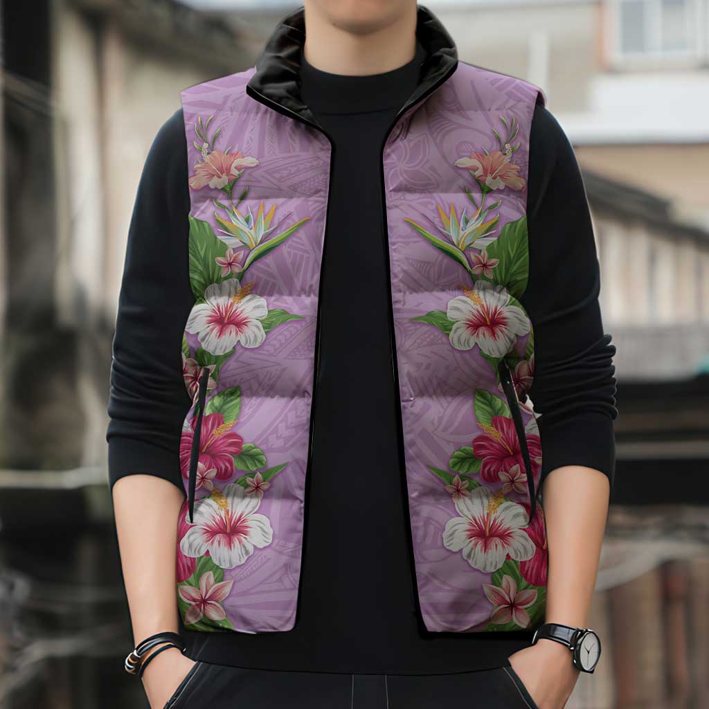 Hawaii Tropical Flowers Sleeveless Puffer Jacket Lavender Polynesian Tattoo Art