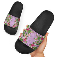 Hawaii Tropical Flowers Slide Sandals Lavender Polynesian Tattoo Art