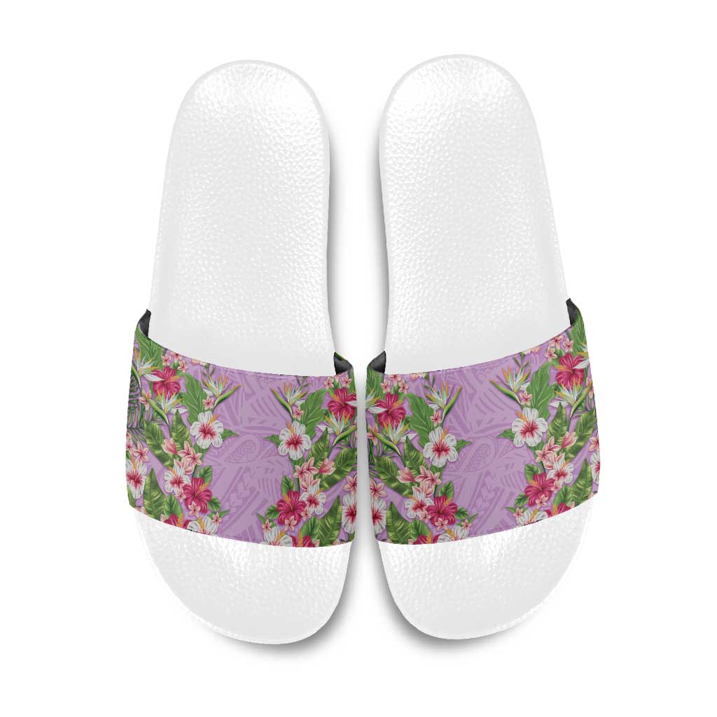 Hawaii Tropical Flowers Slide Sandals Lavender Polynesian Tattoo Art