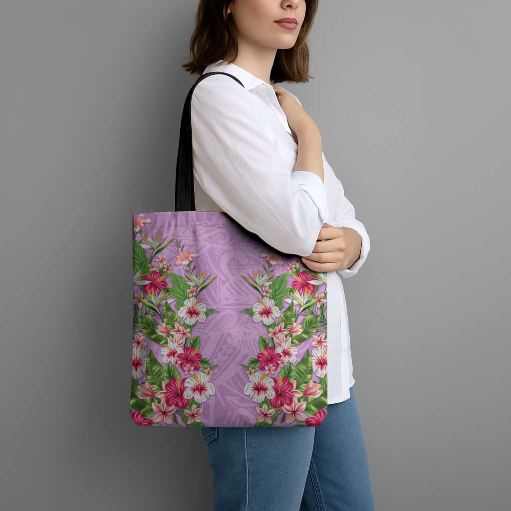 Hawaii Tropical Flowers Tote Bag Lavender Polynesian Tattoo Art