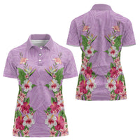 Hawaii Tropical Flowers Women Polo Shirt Lavender Polynesian Tattoo Art