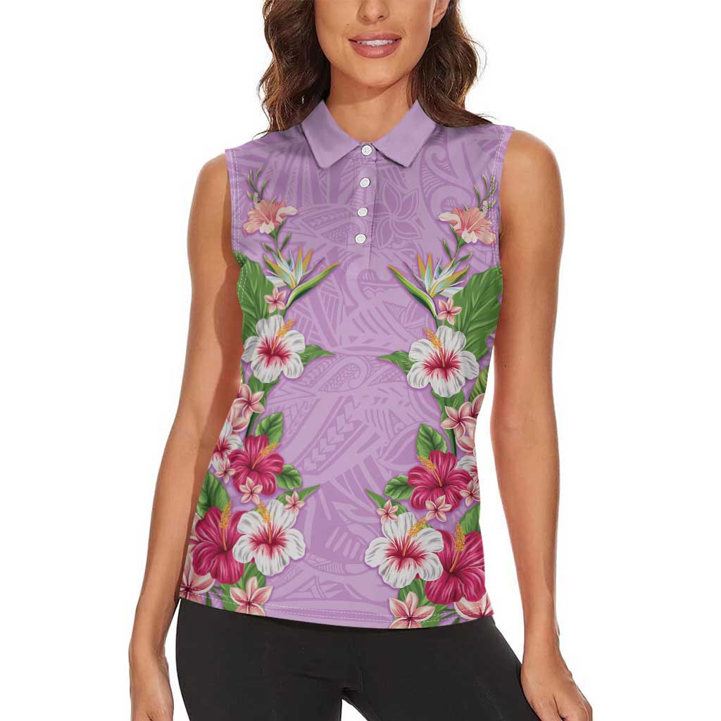 Hawaii Tropical Flowers Women Sleeveless Polo Shirt Lavender Polynesian Tattoo Art LT05 - Polynesian Pride