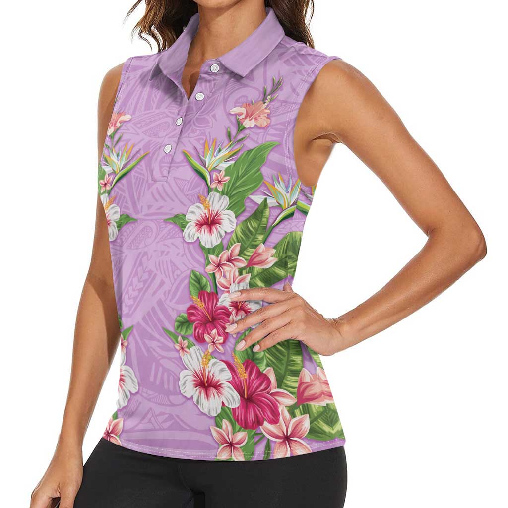 Hawaii Tropical Flowers Women Sleeveless Polo Shirt Lavender Polynesian Tattoo Art LT05 - Polynesian Pride