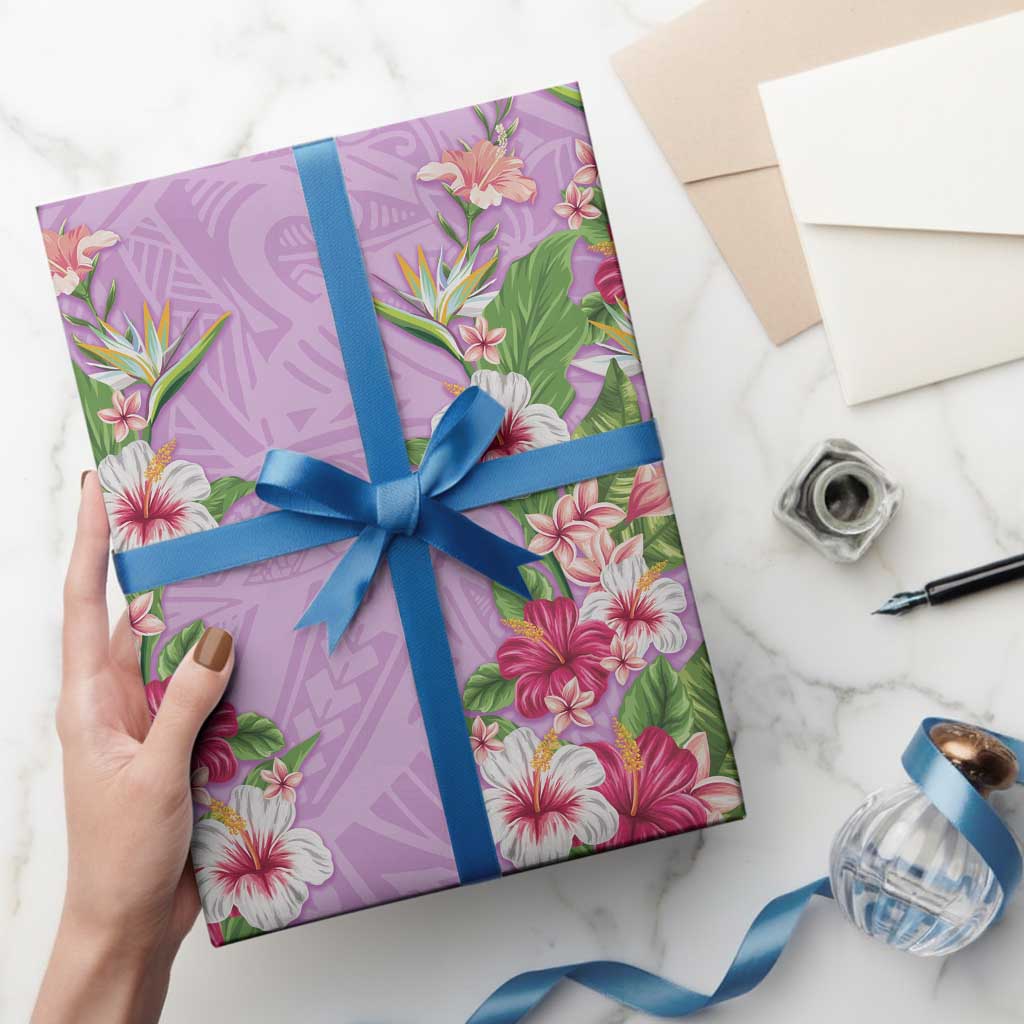 Hawaii Tropical Flowers Wrapping Paper Lavender Polynesian Tattoo Art