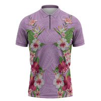 Hawaii Tropical Flowers Zipper Polo Shirt Lavender Polynesian Tattoo Art