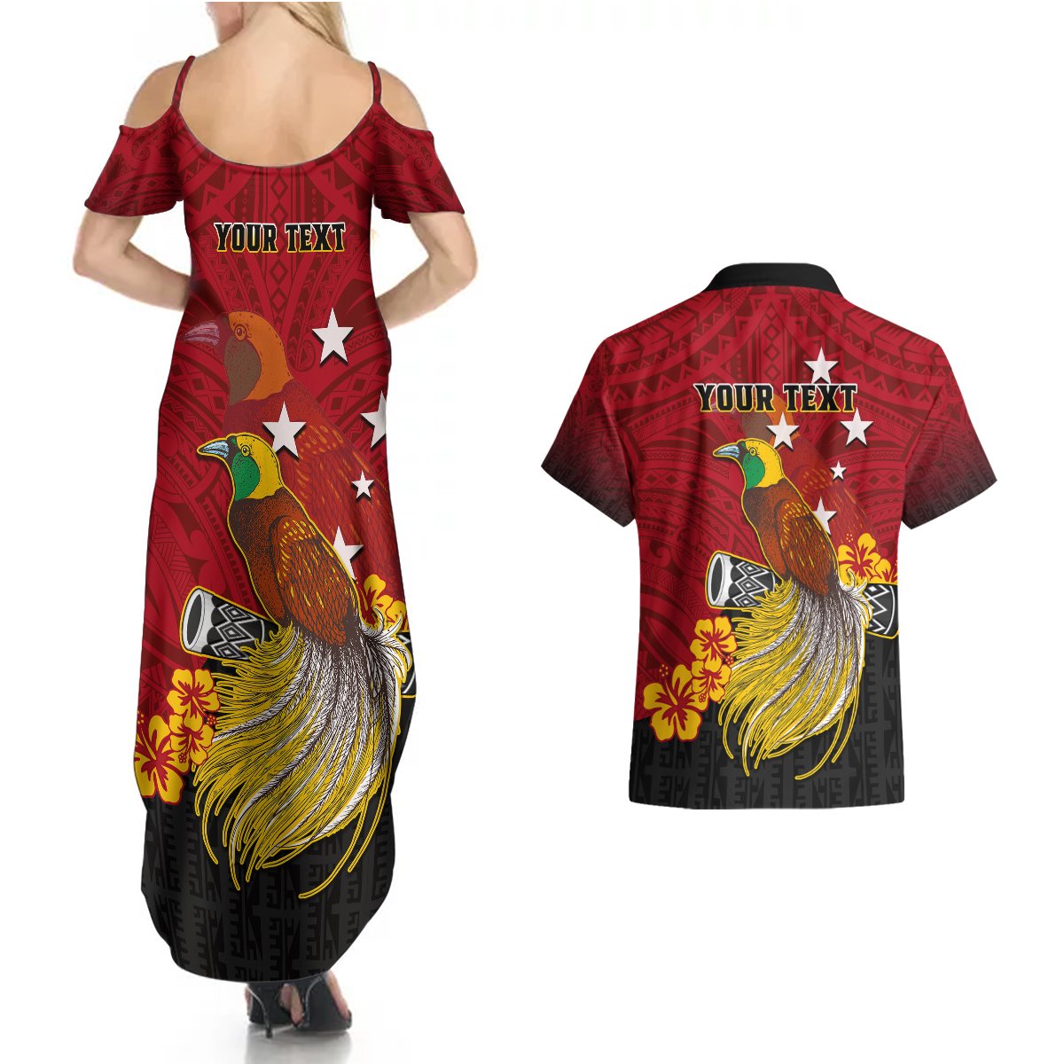 Personalized Papua New Guinea Couples Matching Summer Maxi Dress and Hawaiian Shirt Bird Of Paradise Hibiscus With Motuan Pattern LT05 - Polynesian Pride