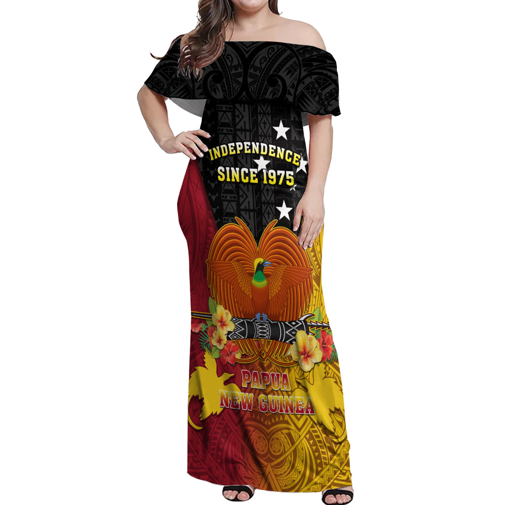 Personalized Papua New Guinea Independence Day Off Shoulder Maxi Dress Bird Of Paradise With Polynesian Pattern LT05 Women Yellow - Polynesian Pride