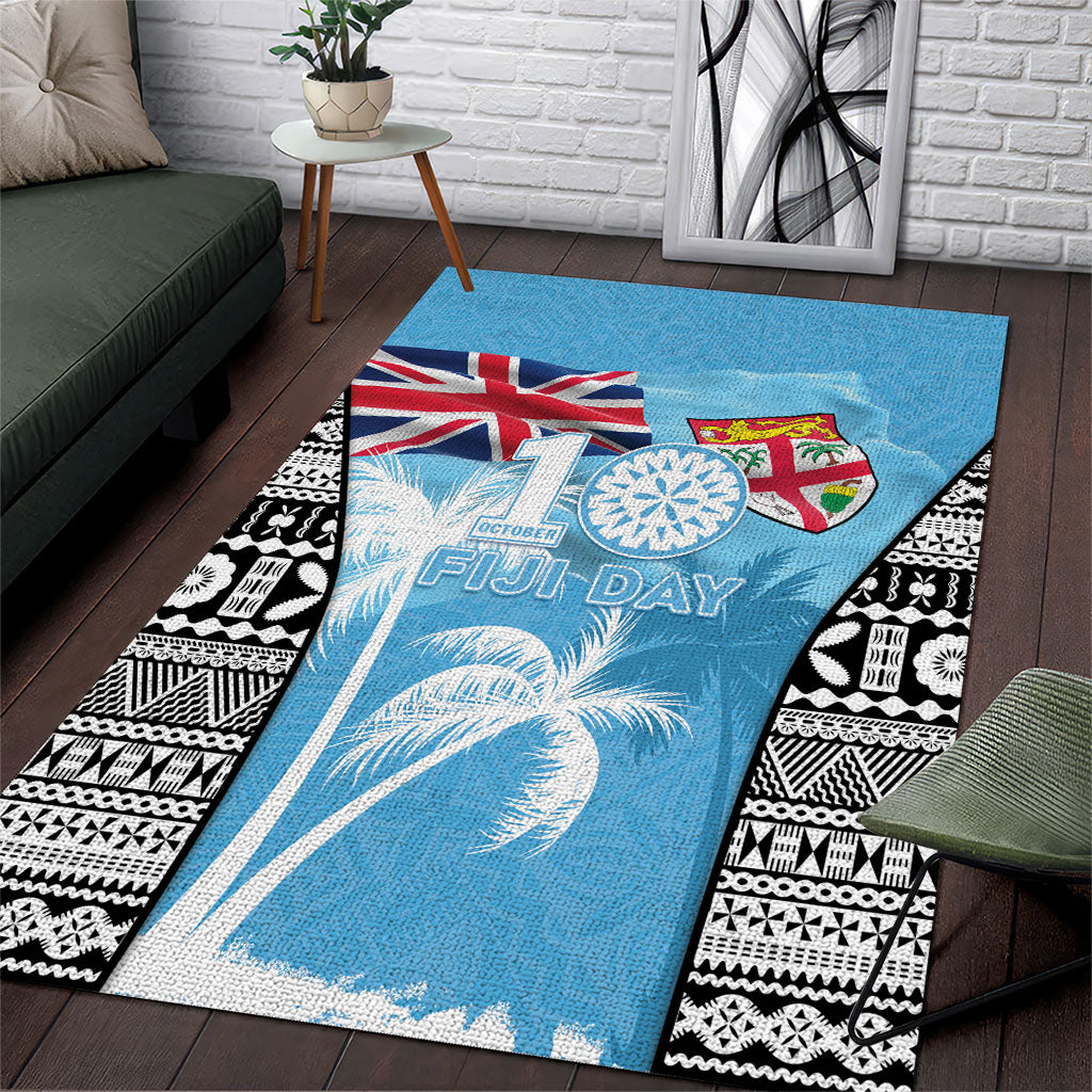 Fiji Day 2026 Area Rug Masi Tapa Pattern With Palm Tree LT05 Blue - Polynesian Pride