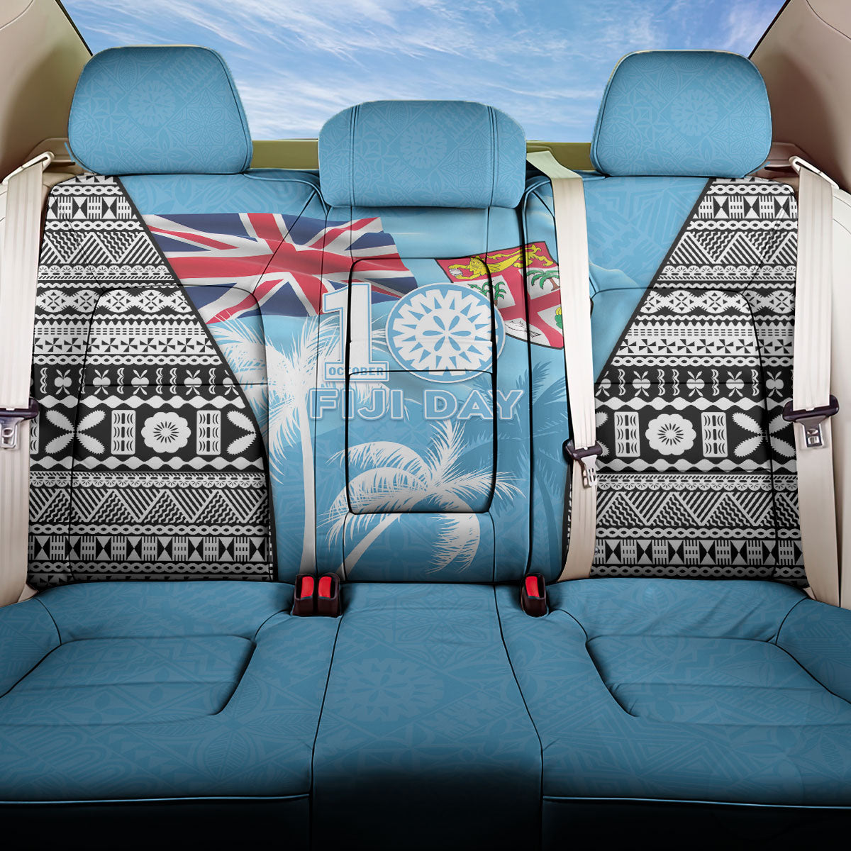 Fiji Day 2026 Back Car Seat Cover Masi Tapa Pattern With Palm Tree LT05 One Size Blue - Polynesian Pride