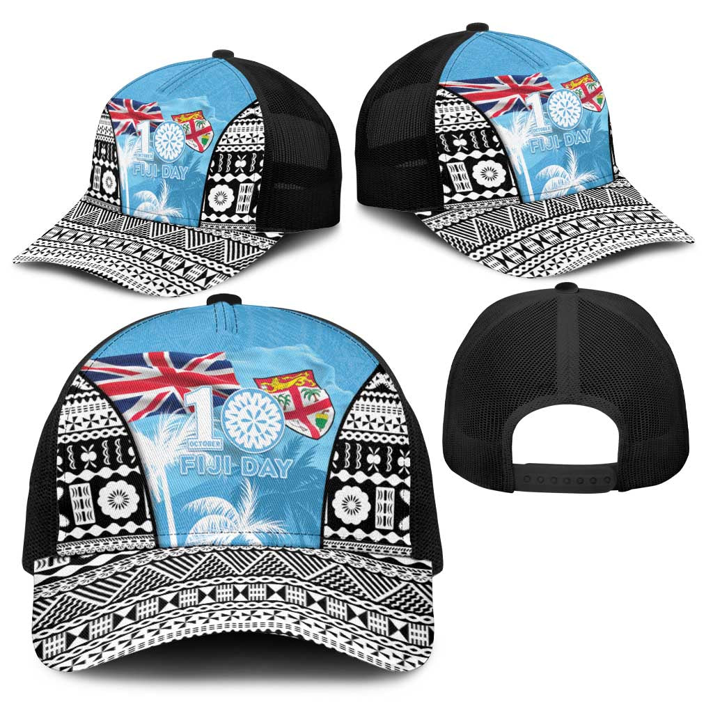 Fiji Day 2026 Baseball Net Cap Masi Tapa Pattern With Palm Tree