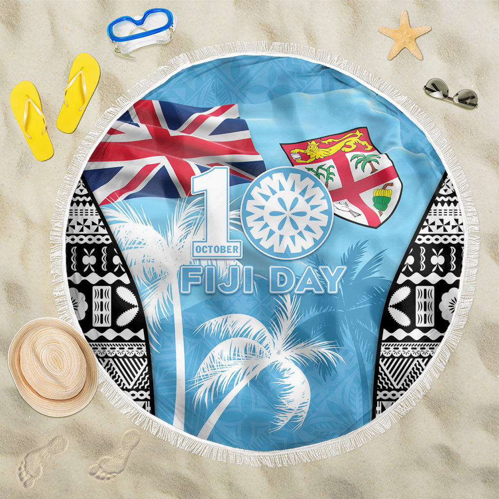 Fiji Day 2026 Beach Blanket Masi Tapa Pattern With Palm Tree LT05 One Size 150cm Blue - Polynesian Pride