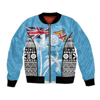 Personalised Fiji Day 2026 Bomber Jacket Masi Tapa Pattern With Palm Tree LT05 Unisex Blue - Polynesian Pride