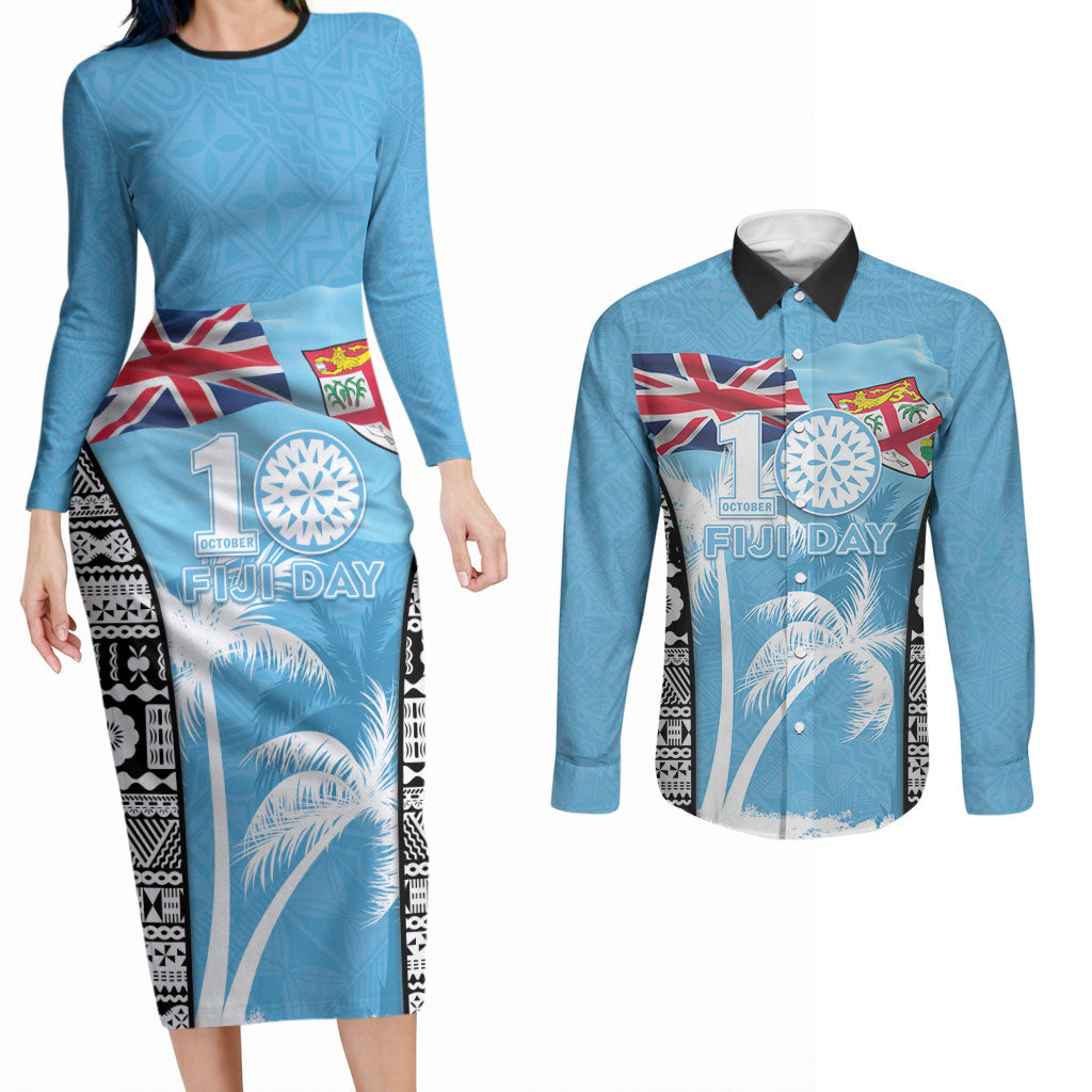 Personalised Fiji Day 2026 Couples Matching Long Sleeve Bodycon Dress and Long Sleeve Button Shirt Masi Tapa Pattern With Palm Tree