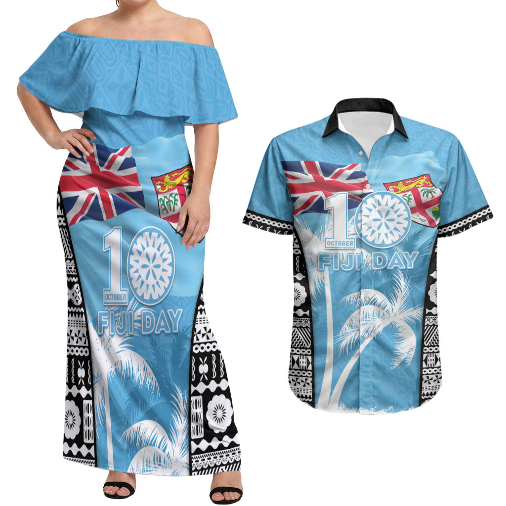 Personalised Fiji Day 2026 Couples Matching Off Shoulder Maxi Dress and Hawaiian Shirt Masi Tapa Pattern With Palm Tree