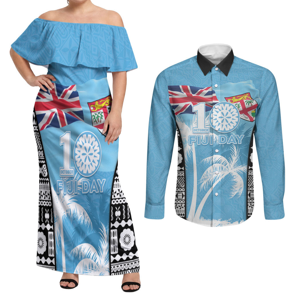 Personalised Fiji Day 2026 Couples Matching Off Shoulder Maxi Dress and Long Sleeve Button Shirt Masi Tapa Pattern With Palm Tree