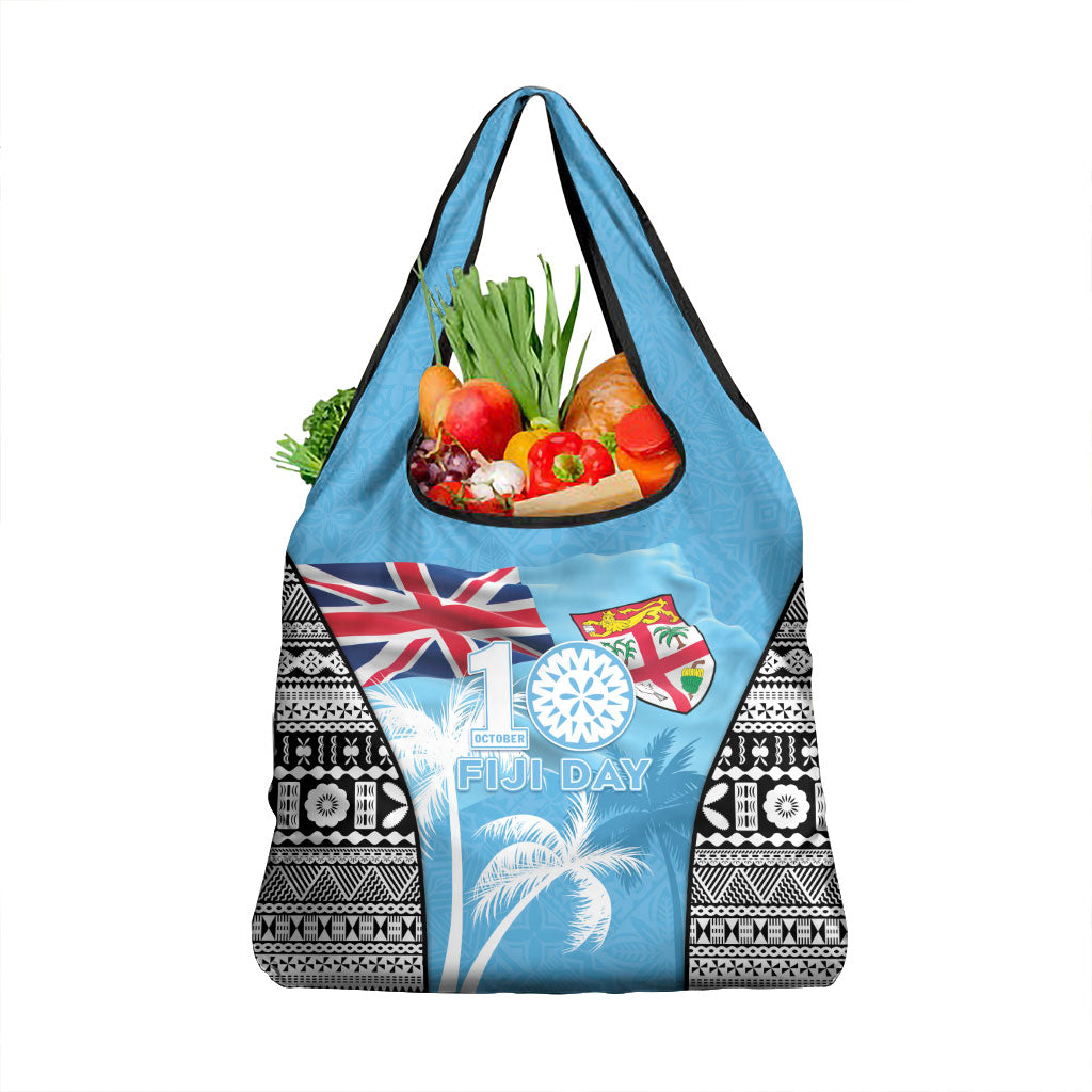 Fiji Day 2026 Grocery Bag Masi Tapa Pattern With Palm Tree LT05 1-pack One Size Blue - Polynesian Pride