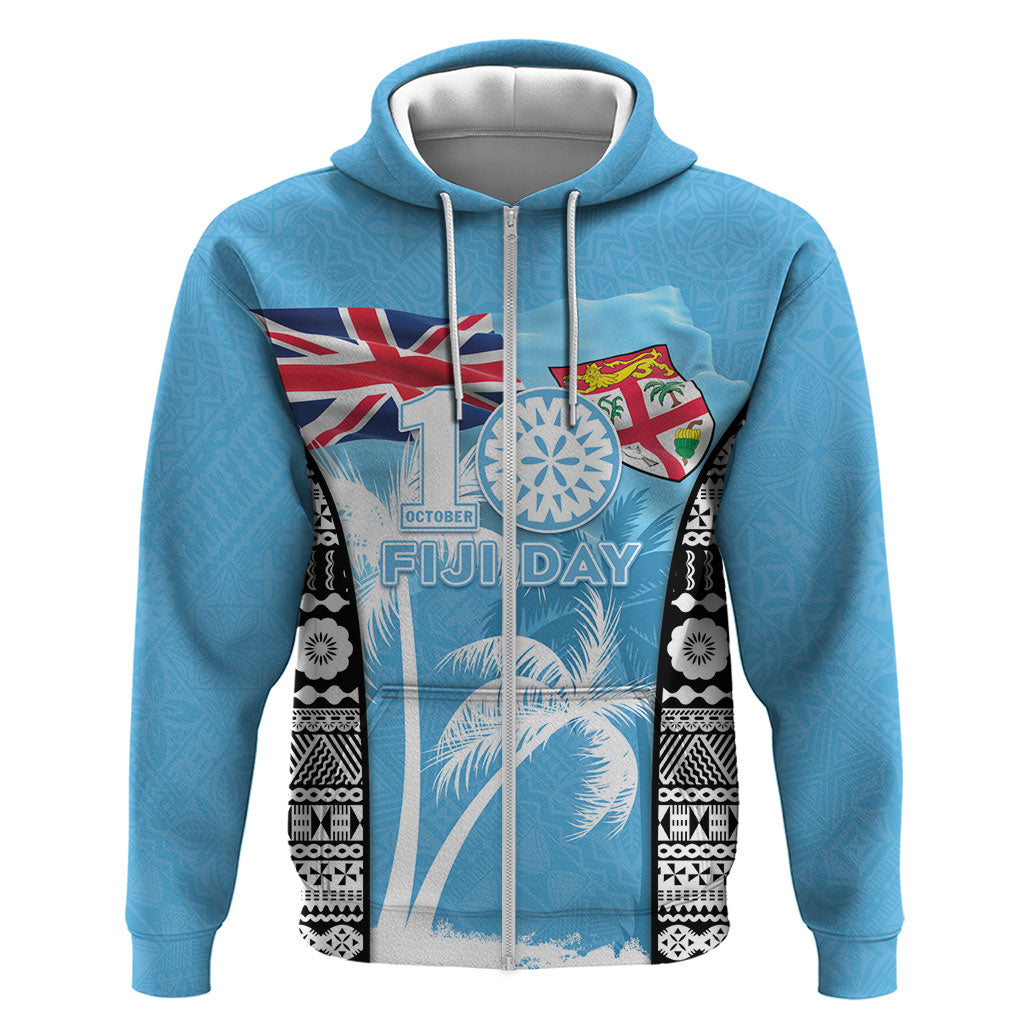 Personalised Fiji Day 2026 Hoodie Masi Tapa Pattern With Palm Tree LT05 Zip Hoodie Blue - Polynesian Pride