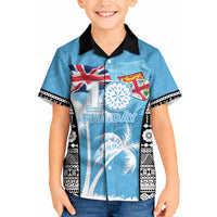 Personalised Fiji Day 2026 Kid Hawaiian Shirt Masi Tapa Pattern With Palm Tree LT05 Kid Blue - Polynesian Pride