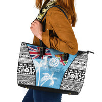 Fiji Day 2026 Leather Tote Bag Masi Tapa Pattern With Palm Tree LT05 Blue - Polynesian Pride