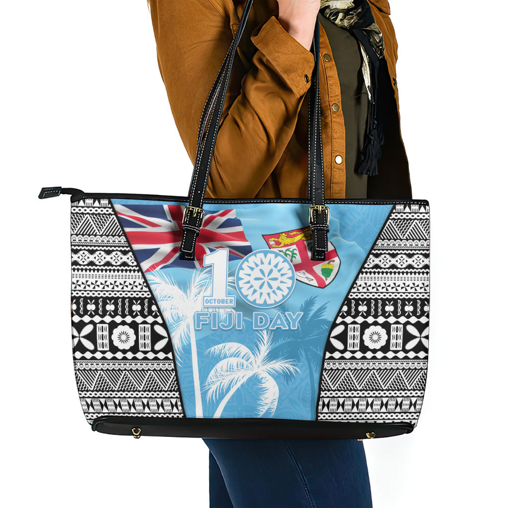 Fiji Day 2026 Leather Tote Bag Masi Tapa Pattern With Palm Tree LT05 - Polynesian Pride