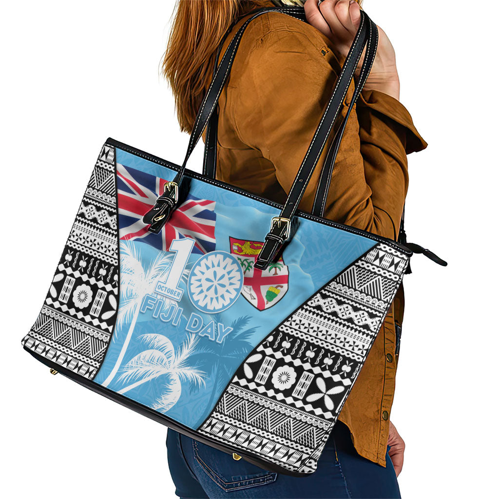 Fiji Day 2026 Leather Tote Bag Masi Tapa Pattern With Palm Tree LT05 - Polynesian Pride