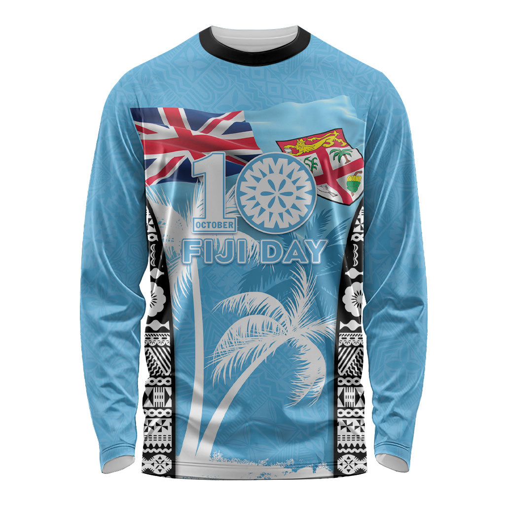 Personalised Fiji Day 2026 Long Sleeve Shirt Masi Tapa Pattern With Palm Tree LT05 Unisex Blue - Polynesian Pride