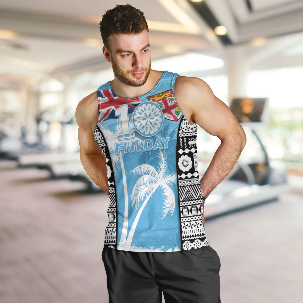 Personalised Fiji Day 2026 Men Tank Top Masi Tapa Pattern With Palm Tree LT05 Blue - Polynesian Pride