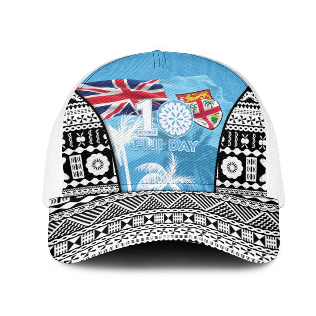 Fiji Day 2026 Mesh Trucker Cap Masi Tapa Pattern With Palm Tree