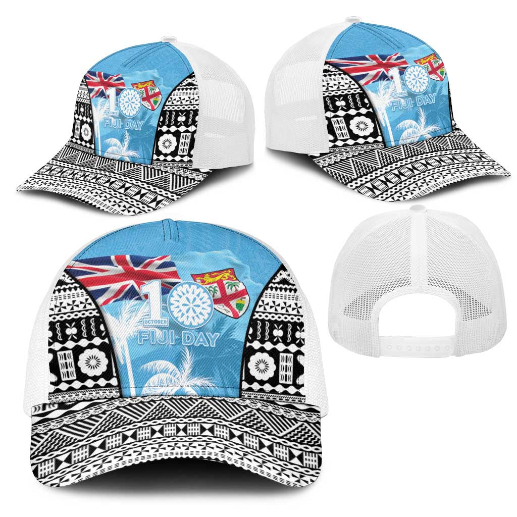 Fiji Day 2026 Mesh Trucker Cap Masi Tapa Pattern With Palm Tree