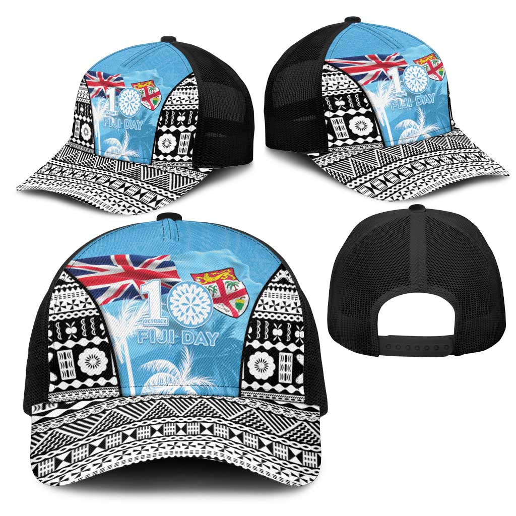 Fiji Day 2026 Mesh Trucker Cap Masi Tapa Pattern With Palm Tree