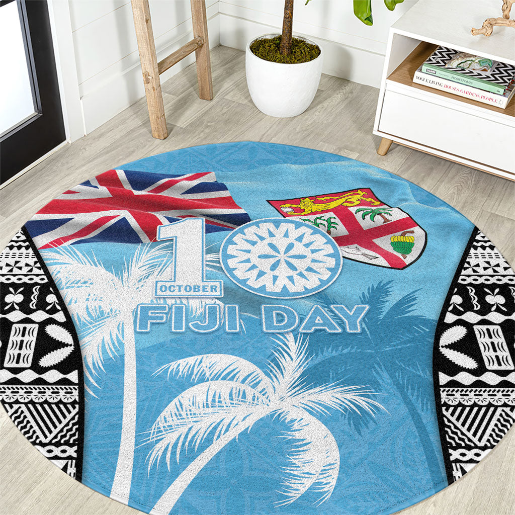 Fiji Day 2026 Round Carpet Masi Tapa Pattern With Palm Tree LT05 Blue - Polynesian Pride